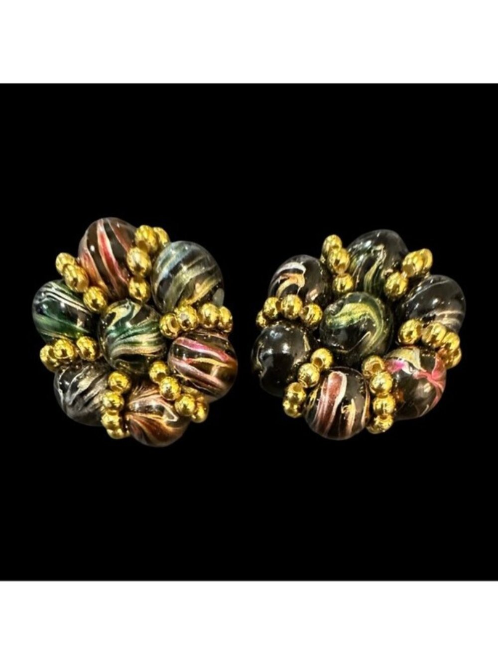 Authentic Vintage Clip On Earrings Beaded Cluster Multi Color 50s 60s